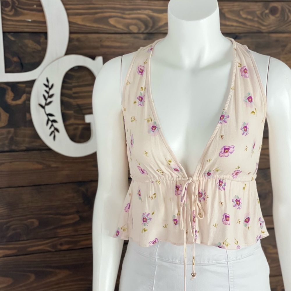 AFRM | Lilac Floral Printed Tie‎ Front Sleeveless Crop Top Heart Beads